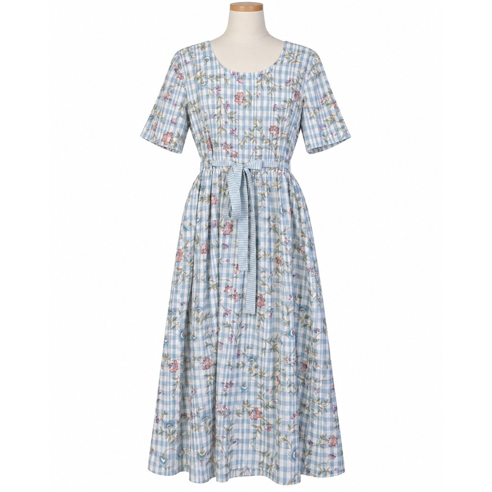 Handmade Gingham Floral Dress Womens M Blue White Excellent Cottagecore Tea Midi